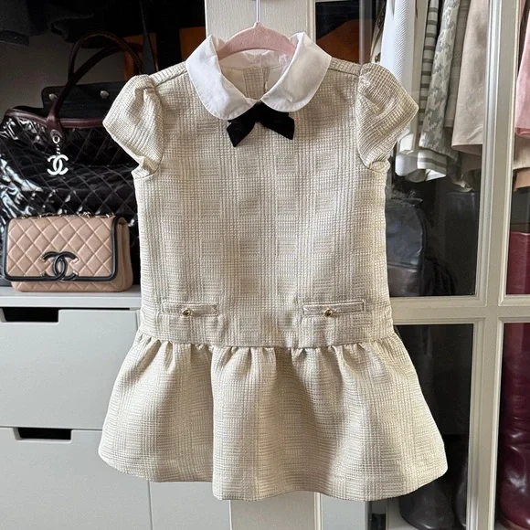 Janie and Jack Cream Dress with Black Velvet Bow - Picture 2 of 6